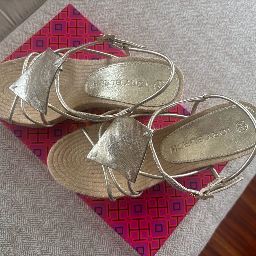 Tory Burch Gold  Wedge Sandals with box